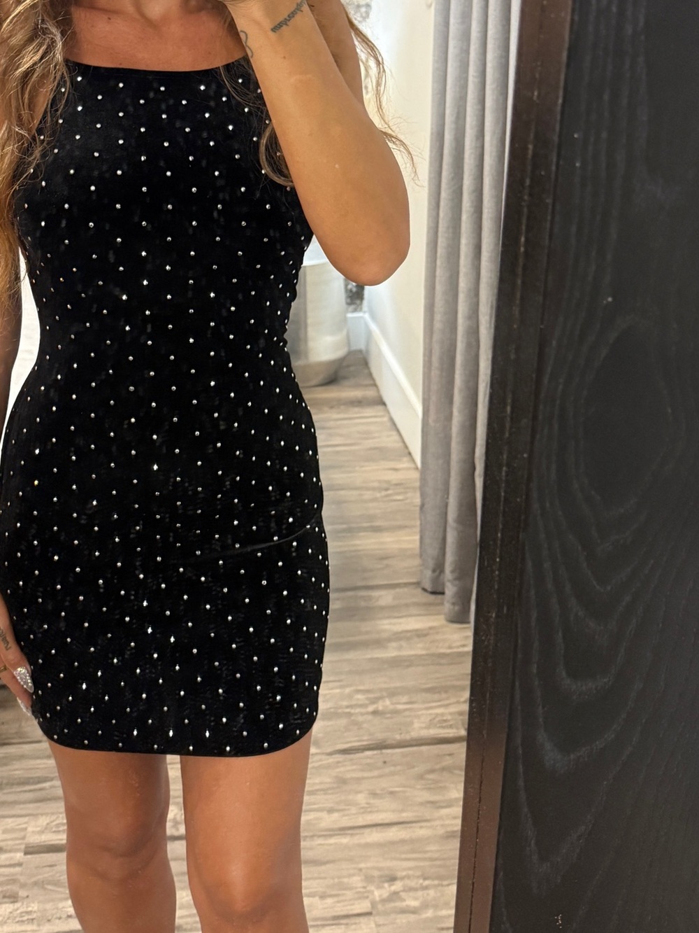 Black velvet  Rhinestone Embellished Bodycon Dress -
